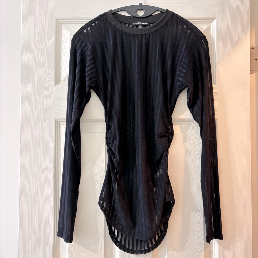 Long sleeve striped mesh top